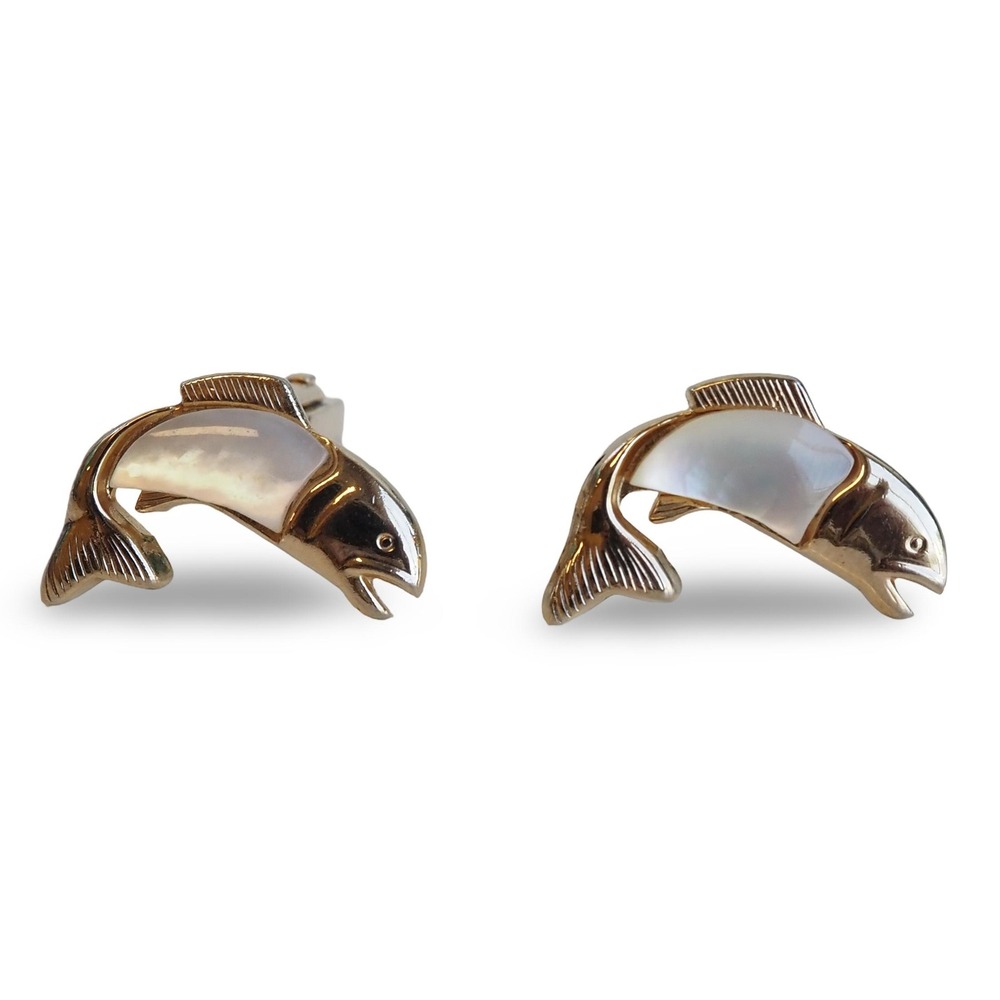Vintage Swank Gold Tone Mother of Pearl Fish Trout Cufflinks Mens Jewelry